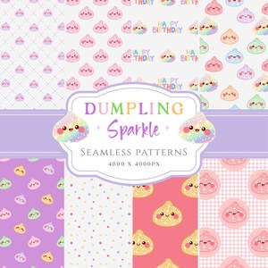 Könnte beinhalten: Eine digitale Sammlung nahtloser Muster mit niedlichen, lächelnden Knödel-Charakteren in verschiedenen Farben, darunter Regenbogen, Pink und Gold. Das zentrale Etikett zeigt den Text DUMPLING Sparkle SEAMLESS PATTERNS 4000 X 4000PX.