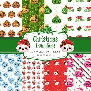 May include: A digital collection of seamless patterns featuring cartoon dumplings with faces, Christmas trees, and holiday motifs. The text reads Christmas Dumplings Seamless Patterns 4000 x 4000px. Designs include red, green, white, and blue color palettes.