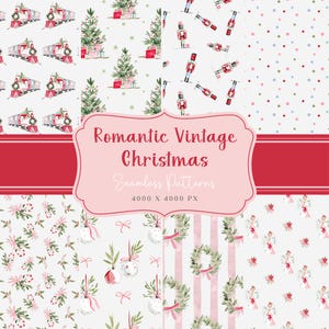 May include: A digital collection of eight seamless Christmas patterns featuring watercolor illustrations of trains, trees, nutcrackers, polka dots, candy canes, ornaments, wreaths, and angels. The central text reads Romantic Vintage Christmas.