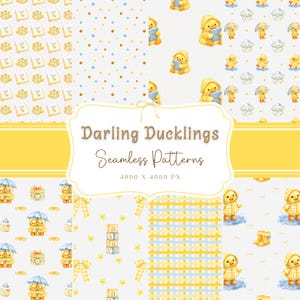 Könnte beinhalten: Eine digitale Sammlung nahtloser Muster mit gelben Entenküken in Regenkleidung, Babywürfeln und Punkten. Der zentrale Text lautet Darling Ducklings Seamless Patterns 4000 X 4000 PX. Die Designs enthalten blaue Regenschirme, Gummistiefel und Karomuster.