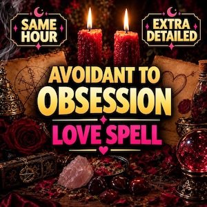 Op de afbeelding: Een digitale afbeelding met twee rode kaarsen met brandende vlammen, omringd door donkerrode rozen, een kristallen bol, een ruwe rozenkwarts en perkamentpapier. De tekst luidt: SAME HOUR, EXTRA DETAILED, AVOIDANT TO OBSESSION, LOVE SPELL.