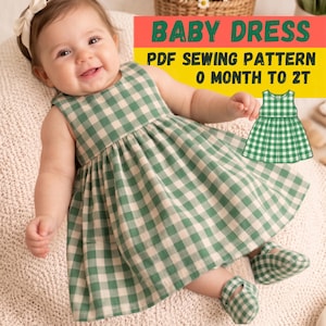 May include: A green and white gingham baby dress with a sleeveless bodice and a gathered skirt. The image includes text reading BABY DRESS PDF SEWING PATTERN 0 MONTH TO 2T and a technical line drawing of the dress design on a yellow background.