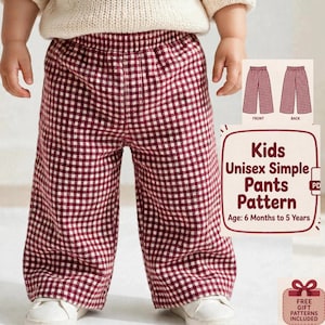 May include: Loose-fitting pants featuring a red and white gingham check pattern with an elastic waistband. The text on the image reads: Kids Unisex Simple Pants Pattern, Age: 6 Months to 5 Years, PDF, and Free Gift Patterns Included.