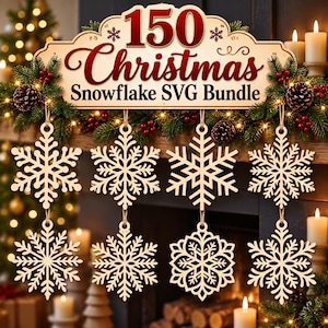May include: A digital graphic display featuring the text 150 Christmas Snowflake SVG Bundle in dark red and black lettering. Below the sign, eight distinct light-colored wooden snowflake ornaments hang in two rows, each suspended by twine.