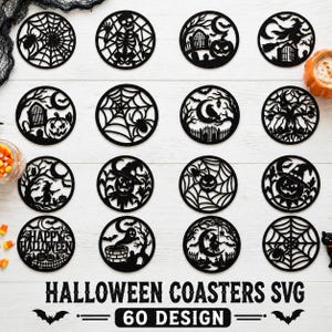 May include: A collection of sixteen circular black laser-cut coasters featuring various Halloween designs including spider webs, skeletons, pumpkins, witches, and ghosts. The text "HAPPY HALLOWEEN" is visible on one coaster. The set is labeled "HALLOWEEN COASTERS SVG 60 DESIGN".