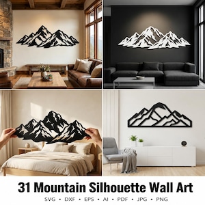 May include: A collection of mountain range wall art designs featuring various jagged peak silhouettes. These decorative pieces are rendered in solid black or white outlines, showcasing intricate geometric shapes and sharp, angular lines representing mountain landscapes for display on interior walls.