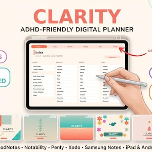 Könnte beinhalten: Ein digitaler Planer mit dem Titel CLARITY ADHD-FRIENDLY DIGITAL PLANNER auf einem Tablet-Bildschirm. Die Benutzeroberfläche zeigt einen Index mit monatlichen und täglichen Abschnitten. Text umfasst 514 PAGES, FULLY HYPERLINKED, UNDATED und 5 INCLUDED COVERS.