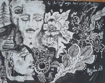 One Soul Originalkunstwerk: Handgeschöpftes Papier, Marker-Gouache-Kunst (60 x 40 cm)