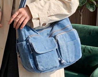 Washed Denim Hobo Bag, Multi-Pocket Boho Shoulder Purse, Festival Everyday Bag