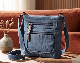 Denim-Umhängetasche, Retro-Schultertasche aus blauem Jeansstoff, handgefertigte Canvas-Handtasche