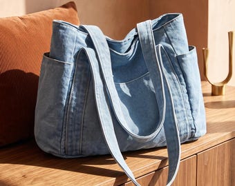Washed Denim Tote Bag | Large Capacity Shoulder Crossbody Purse