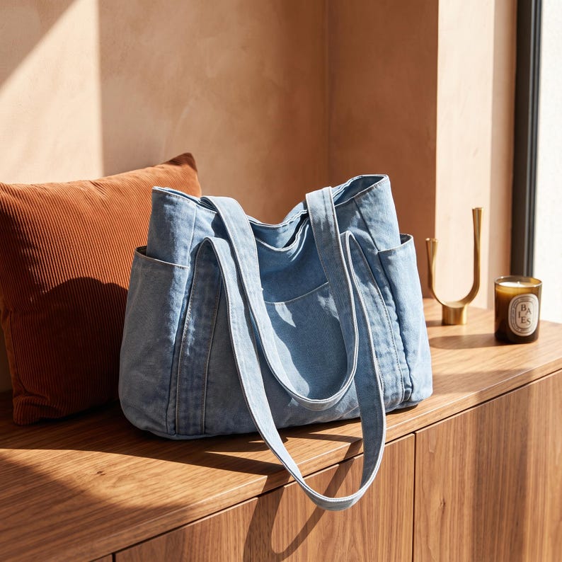 May include: A light blue denim tote bag featuring two long shoulder straps, a spacious main compartment, and visible side pockets. The bag is constructed from a soft, washed-look fabric with reinforced stitching along the seams and handles.