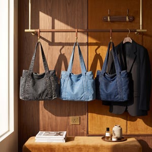 May include: Three denim tote bags in charcoal, light blue, and dark blue hanging from a wooden rod. Each bag features two shoulder straps, a central compartment, and side pockets. A black blazer hangs on the right, and a stack of books sits below.