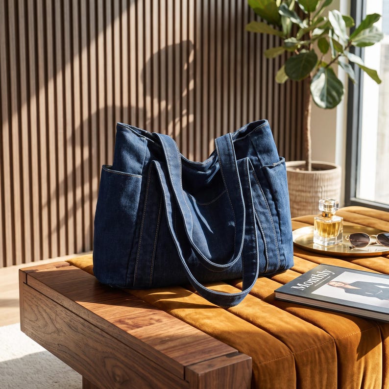 May include: A dark blue denim tote bag featuring two long shoulder straps, a spacious main compartment, and visible side pockets with reinforced stitching along the seams, constructed from a durable cotton fabric with a classic indigo wash finish.
