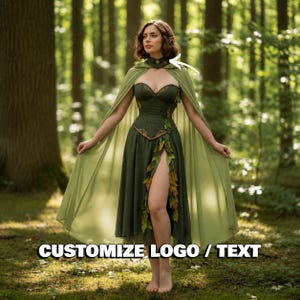May include: A dark olive green corset dress featuring a sweetheart neckline, a high-low skirt adorned with cascading fabric leaves, and a sheer matching cape. The collar includes a small circular emblem with the text CUSTOMIZE LOGO / TEXT.