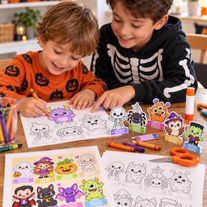 Pode incluir: Uma coleção de folhas de atividades manuais com tema de Halloween, apresentando contornos em preto e branco de fantasmas, monstros, abóboras e esqueletos, além de vários recortes de personagens coloridos, incluindo uma coruja e uma aranha.