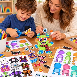 May include: A DIY monster craft kit featuring a central green monster figure with red glasses and a striped scarf, surrounded by various paper cutouts including eyes, mouths, hats, costumes, and accessories on printed sheets.