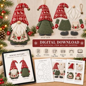 May include: A digital sewing pattern for a Christmas gnome ornament, featuring a red patterned hat, white beard, and green body. Includes front and back views, fabric parts, and illustrated instructions for assembly in A4, US Letter, and SVG formats.