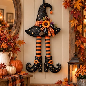 Halloween Witch Hat Door Hanger Sewing Pattern PDF, Curled Boots Porch Decor, Instant Download