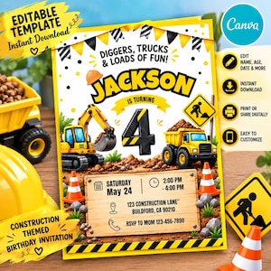 May include: A construction-themed birthday invitation template featuring yellow excavators, dump trucks, orange traffic cones, and the text Diggers, Trucks & Loads of Fun! Jackson is turning 4, with space for date, time, location, and RSVP details.