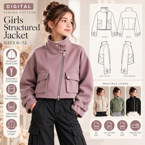 May include: A digital sewing pattern for a girls' structured jacket in sizes 6-12. The image displays a mauve cropped jacket with a stand collar, asymmetric front zipper, patch pockets, and adjustable sleeve tabs, alongside technical line drawings.