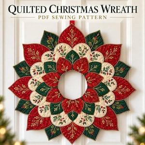 May include: A quilted Christmas wreath PDF sewing pattern featuring a circular design with layered, pointed fabric petals in red, dark green, and cream. The petals are decorated with embroidered holly leaves, berries, and gold stems.