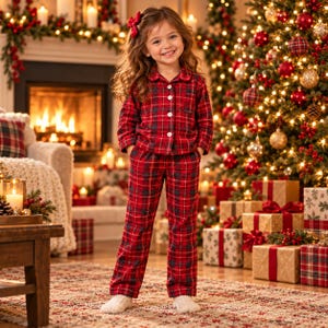 May include: A child wearing a red and black plaid pajama set consisting of a long-sleeved button-down shirt with a collar and matching long pants. The child has a red bow in their hair and is wearing white socks while standing on a rug.