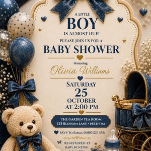 Lyxig babyshowerinbjudan för pojke | Redigerbar Canvas-mall | Utskrivbar 5x7-inbjudan | Direktnedladdning