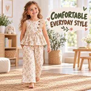 May include: A two-piece outfit featuring a sleeveless top with a ruffled diagonal overlay and three brown buttons, paired with matching wide-leg pants. Both pieces are made of a cream-colored fabric with a small floral print in pink and green.