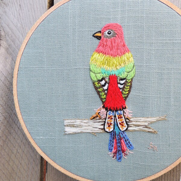 Folk art decorated bird hand embroidery hoop art