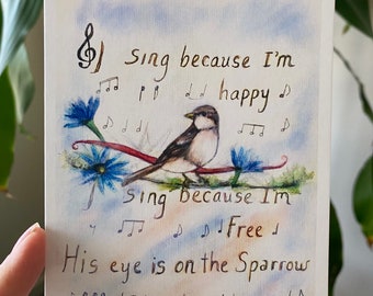 His eye is on the sparrow flat card print birds music watercolor print