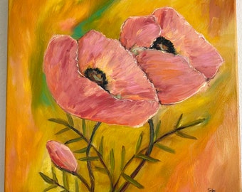 Sunset Poppies original oil painting wrapped canvas ready to hang wall decor yellow art