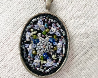 Hand embroidered and beaded pendant with brass long chain in Spring lavender colors