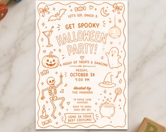 May include: A rectangular Halloween party invitation card with orange line art on a white background. The text reads: LET'S SIP, SNACK & GET SPOOKY HALLOWEEN PARTY! A NIGHT OF TREATS & DANCING, FRIDAY, OCTOBER 24, 7:00 PM, HOSTED BY THE PARKERS, 18 MAPLE LANE ASHFORD, RSVP TO EMMA 0400 987 321, COME IN YOUR BEST COSTUME! Illustrations include a skeleton, ghost, pumpkin, witch hat, disco ball, and candy.