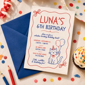 May include: A cream-coloured birthday invitation card with a red wavy border and red bows. The text reads: LUNA'S 6TH BIRTHDAY, Join us for a whisker-twirling birthday bash!, SATURDAY, SEPTEMBER 21, 2:30 PM - 5:00 PM, 45 MAPLE LANE, AUSTIN, TEXAS, RSVP TO AUNT SOPHIE 555.218.9046, Cake, cuddles & birthday fun!. A blue cat wearing a party hat and holding two balloons is illustrated on the card.
