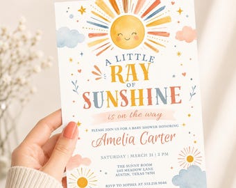 Baby Boy Shower Invitation Template, Editable Canva Here Comes the Son Invite, Ray of Sunshine Party, Instant Download