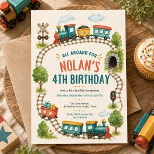 May include: A birthday invitation card featuring a watercolour train theme. The text reads: All Aboard for Nolan's 4th Birthday, Saturday, September 14th at 2:30 PM, The Little Station, 45 Meadow Lane, Austin, Texas, Kindly RSVP to Aunt Mia 555.218.9046.