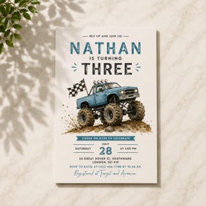 May include: A rectangular birthday invitation card featuring a blue monster truck with a checkered flag. Text reads: REV UP AND JOIN US! NATHAN IS TURNING THREE. CRUSH ON OVER TO CELEBRATE. SATURDAY JULY 28 AT 1:00 PM. 58 GREAT DOVER ST, SOUTHWARD LONDON, SE1 4YF. RSVP TO KATIE AT (123) 456-7788 BY 10.06.XX. REGISTERED AT TARGET AND AMAZON.