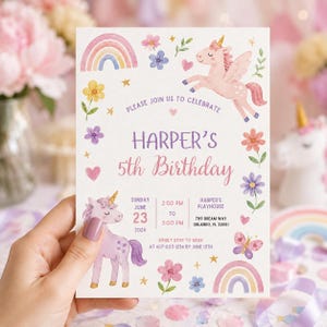 Unicorn Birthday Invitation | Rainbow Unicorn Party Invite | Editable Girls Birthday Template | Watercolor 5th Birthday Invitation JE141