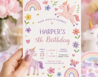 May include: A rectangular birthday invitation card featuring watercolor illustrations of two unicorns, rainbows, flowers, hearts, and a butterfly. The text reads: PLEASE JOIN US TO CELEBRATE HARPER'S 5th Birthday, Sunday June 23 2024, 2:00 PM to 5:00 PM.