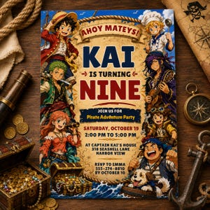 Pirate Birthday Invitation Template, Editable Anime Pirate Adventure Party Invite, Treasure Map Canva Template, Boys Birthday Party JE024