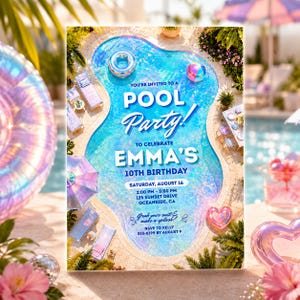 Mall för födelsedagsinbjudan till poolparty, redigerbar inbjudan till sommarplaskfest, Canvas-mall för barnpoolparty, utskrivbar simfest JE004