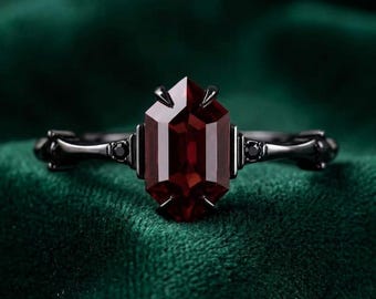 Hexagon Cut Garnet Ring, Black Rhodium Sterling Silver, Gothic Solitaire Statement Ring