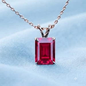 Sterling Silver Emerald Cut Ruby Pendant, Simulated Red Gemstone Necklace