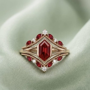 Hexagon Ruby Engagement Ring, Art Deco 14K Yellow Gold Bridal Band, Lab Ruby Moissanite