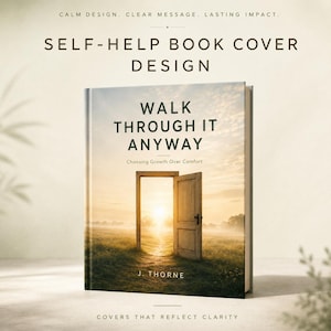 May include: A book cover design titled Walk Through It Anyway: Choosing Growth Over Comfort by J. Thorne. The cover features an open wooden door standing in a grassy field at sunrise, with soft light streaming through the doorway into the distance.