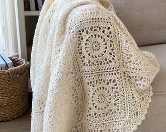 Lace Crochet Blanket Pattern PDF Vintage Throw Easy Heirloom Square Blanket