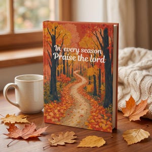 May include: A hardcover notebook featuring an autumn forest path illustration with orange, yellow, and red foliage. The cover displays the white text In every season Praise the lord and the word NOTES at the bottom, standing upright on a wooden surface.