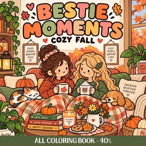 Può includere: Una pagina da colorare intitolata BESTIE MOMENTS COZY FALL con due persone su un divano con un gatto, un cane, tazze, zucche, libri e una candela. Il testo include GOOD FRIENDS BRIGHTER DAYS, COZY PEOPLE HAPPIER LIVES, SWEATER WEATHER FOREVER e ALL COLORING BOOK - 40%.