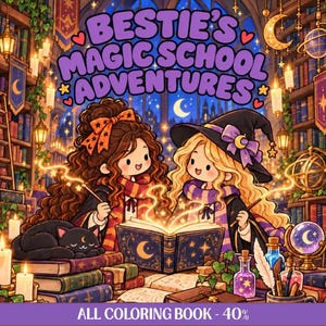 Op de afbeelding: Een kleurboekcover getiteld Bestie's Magic School Adventures met twee stripfiguren met lang haar, waarvan er één een heksenhoed draagt, die spreuken uitspreken over een open boek in een bibliotheek met een slapende zwarte kat.